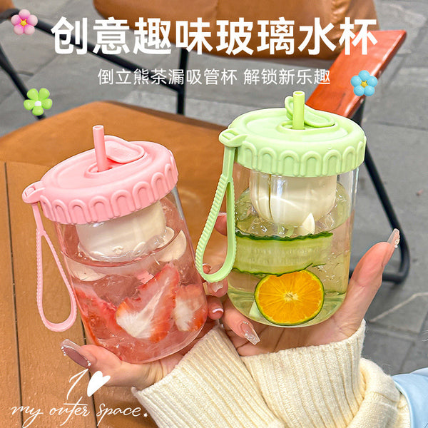 Creative fun glass water cup High value coffee cup Portable portable glass Transparent thickened straw water cup