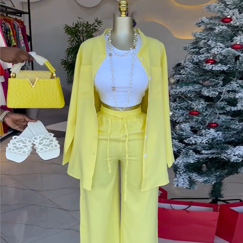 European and american cross-border women's fashion:  spring new collection - solid color turn-down collar long sleeve blouse and tie-waist wide leg pants set