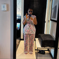 European and american cross-border women's fashion:  spring new arrival - pleated round neck flutter sleeve fashion print wide-leg pants two-piece set