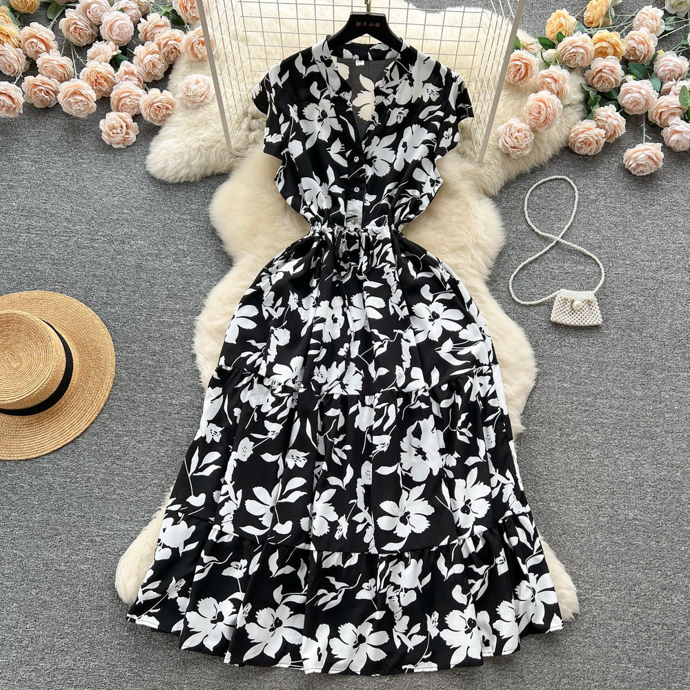 French sweet and gentle style v-neck floral chiffon dress - women's summer cinched waist, slimming, vacation-ready, fairy dress