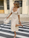 .  foreign trade european and american style off-the-shoulder elegant maxi dress with puff short sleeves and one-shoulder tie-up detail