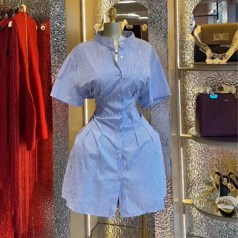European and american cross-border women's fashion:  spring new arrival - elegant and stylish blue striped slim-fit short-sleeve shirt dress