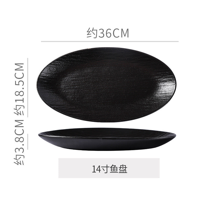 Vintage rock texture ceramic dinnerware set - soup plates, fish plates, steak plates, and vegetable plates - matte finish, high-end black and white dinnerware set