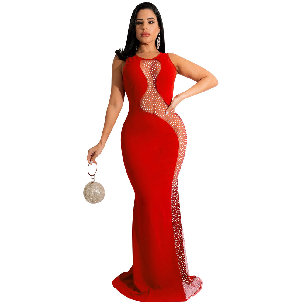X5580   nightclub style sexy rhinestone mesh see-through sleeveless backless maxi dress for women