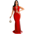 X5580   nightclub style sexy rhinestone mesh see-through sleeveless backless maxi dress for women