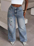 Fashionjeans women's high waist washed hot diamond wide leg mop pants export hot girl heavy industry sparkling diamond denim pants