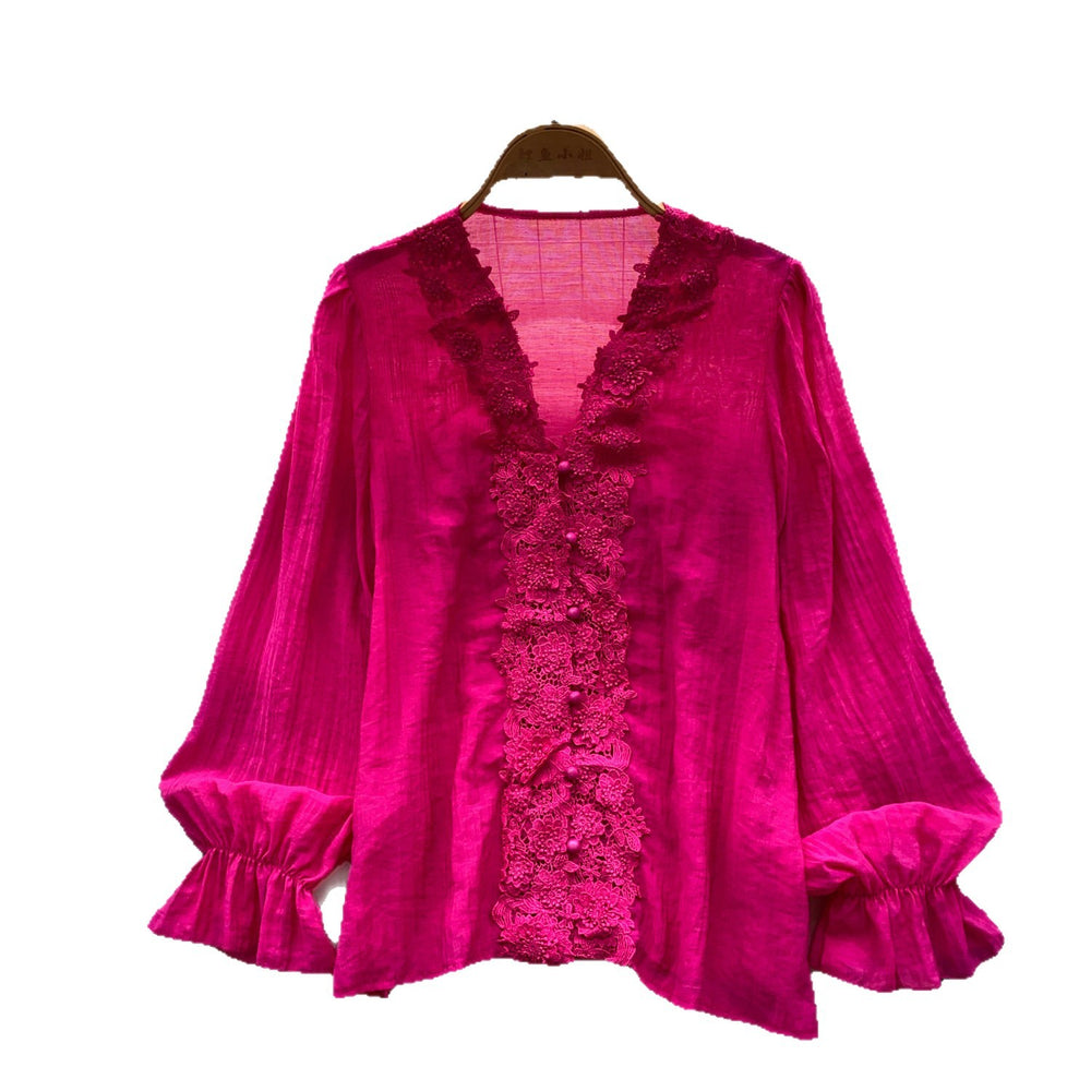 Korean style commute v-neck lace patchwork shirt women's long sleeve loose cardigan rose red top - autumn  collection