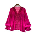 Korean style commute v-neck lace patchwork shirt women's long sleeve loose cardigan rose red top - autumn  collection