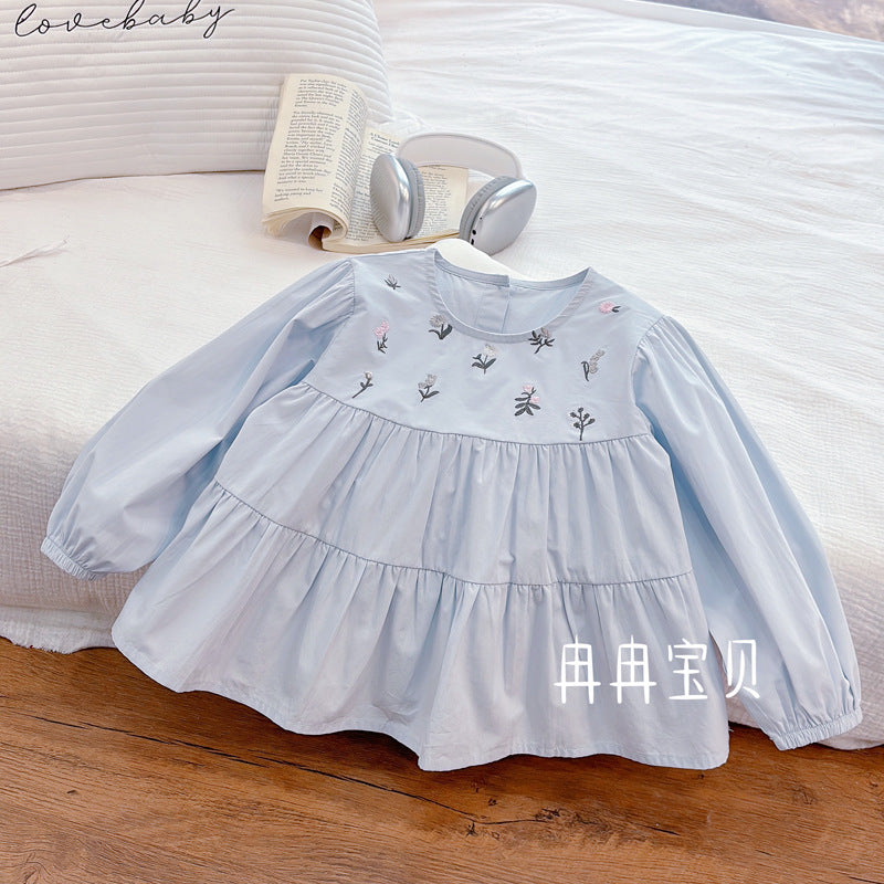 Girls' long-sleeve cotton blue embroidered floral shirt - new autumn  sweet french cartoon style