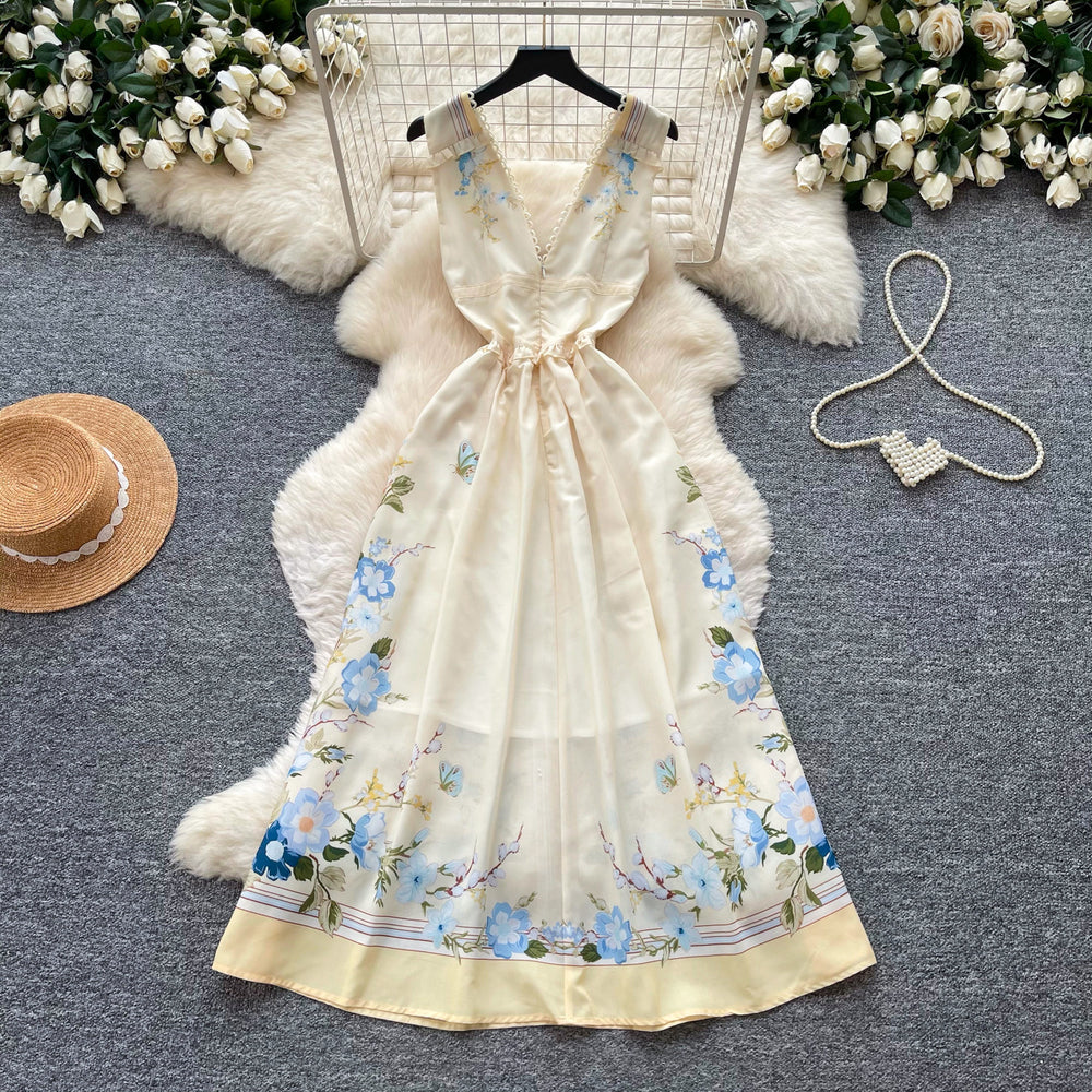 French romantic v-neck printed dress - women's summer high-waisted sleeveless slimming midi dress - elegant vacation style