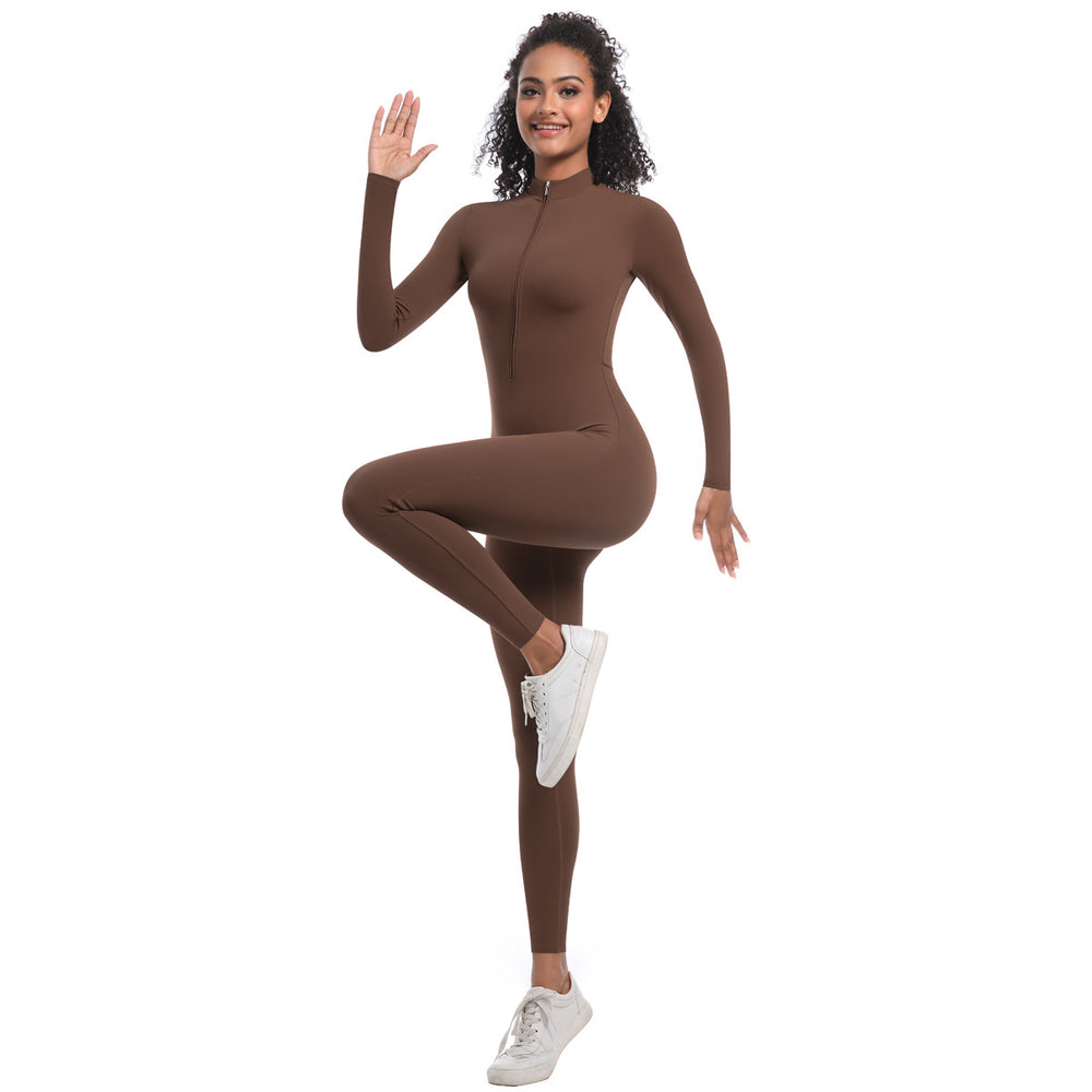 New arrival cross-border fashion half-open zipper tight pure color high elastic long yoga wear fitness running sports jumpsuit