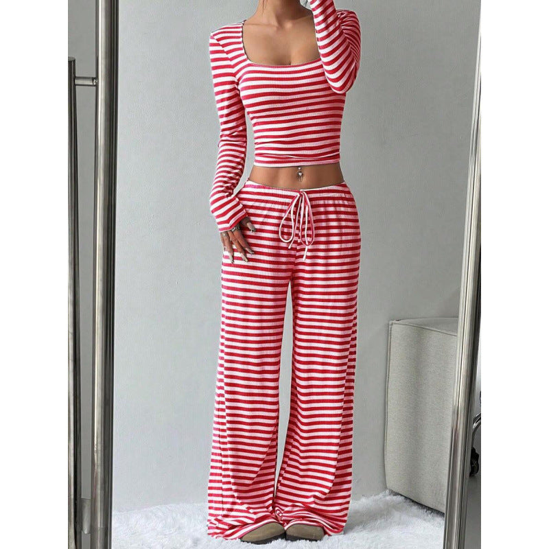 2025 european and american cross-border amazon aliexpress autumn/winter new striped high-waisted slimming wide-leg pants set for women