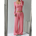 2025 european and american cross-border amazon aliexpress autumn/winter new striped high-waisted slimming wide-leg pants set for women
