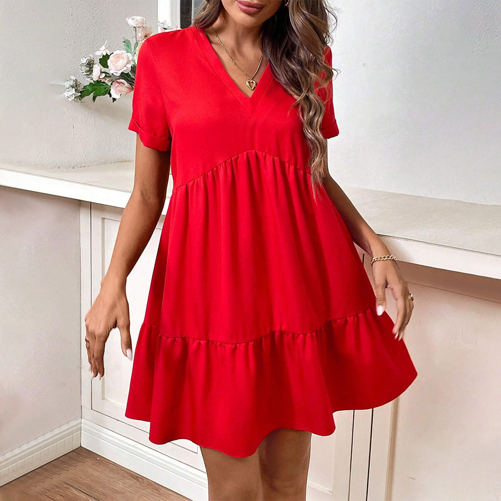 Ins popular style  cross-border women's clothing european and american small v neckcasualloose large skirt short-sleeved vacation red dress