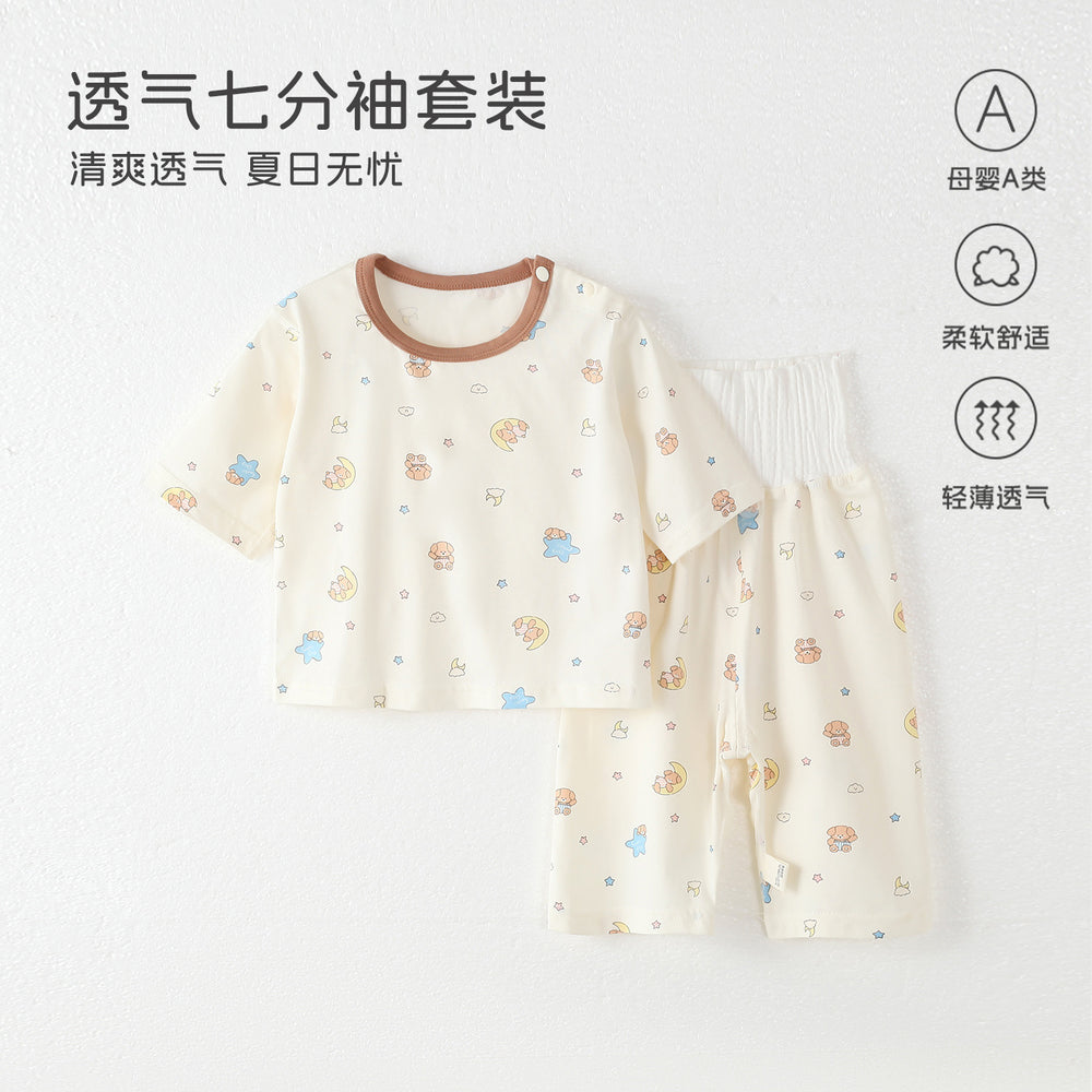 Baby pajamas mocotton thin style kids' loungewear summer boys' and girls' three-quarter sleeve air conditioning suit high-waisted set