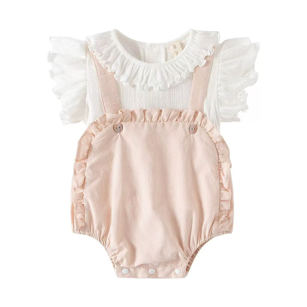 Summer newborn & infant fashion lace overalls set - baby girl cute top & lace inner layer 4-piece outfit
