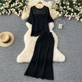 Korean style hollow-out age-defying set: women's loose-fit versatile crew neck short sleeve knit top + waist-defining bodycon fishtail midi skirt