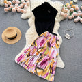 Vintage chic women's summer set: high-end design sleeveless blouse top + pleated maxi skirt two-piece outfit