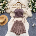 Halter stripes camisole high waistslimming look shortstwo-piece set women's summer silm tube top culottessuit