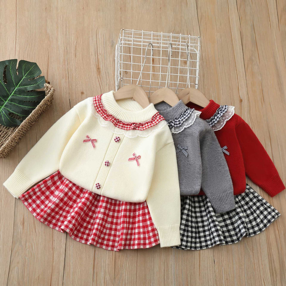 Girls' sweater set: new korean style, chic bow detail, fresh plaid mini skirt two-piece outfit