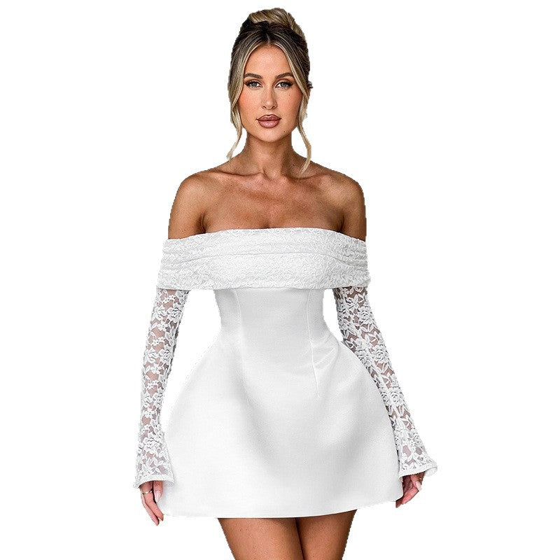 summer new european and american cross-border women's off-the-shoulder bandeau long sleeve sexy slim-fit lace a-line dress