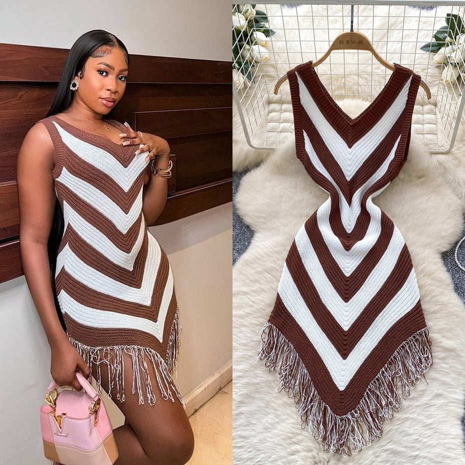 Women's vacation outfit: summer retro color block argyle slim fit asymmetrical tassel dress