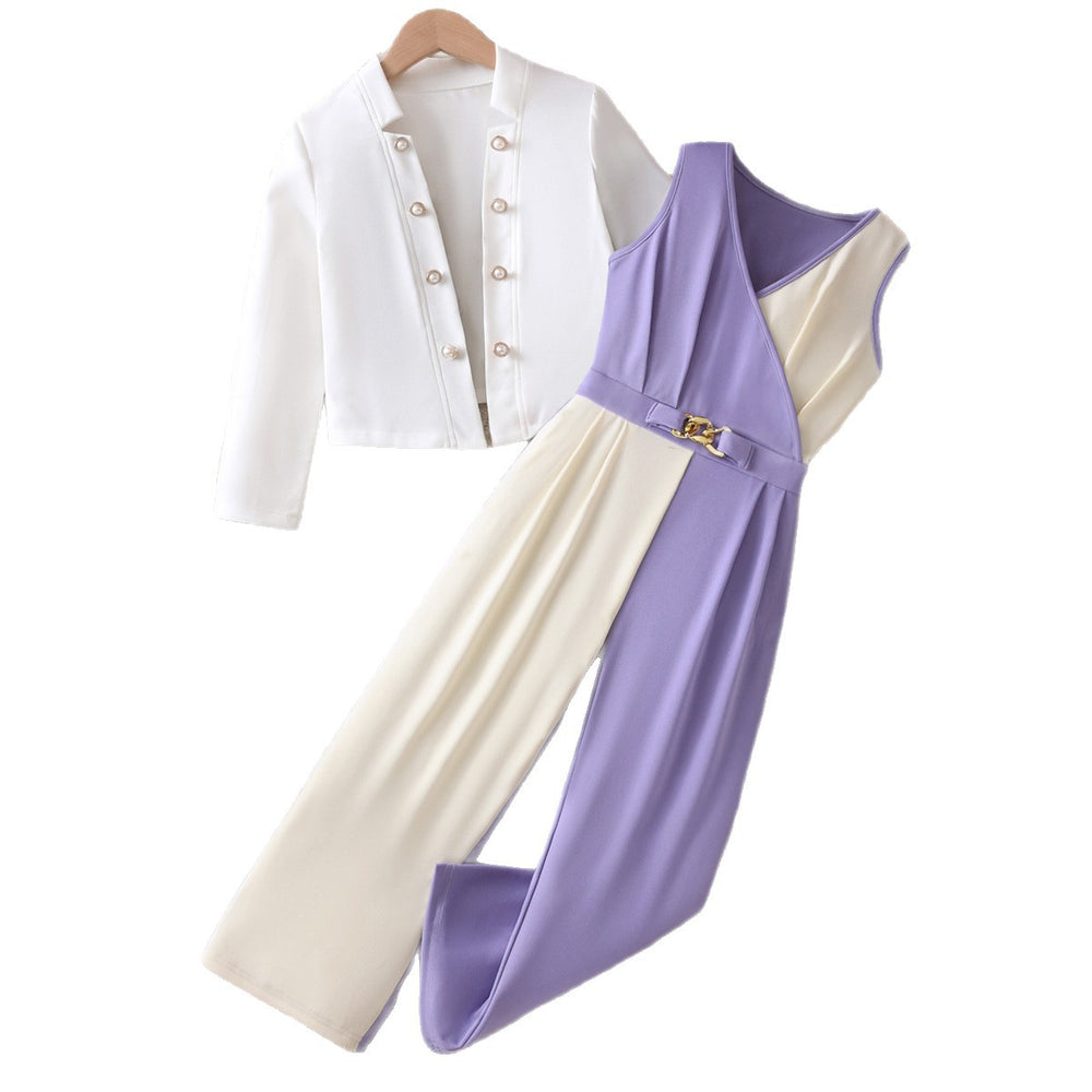 Girls' autumn outfit: white long-sleeve jacket & purple color-blocked vest romper set (two-piece)