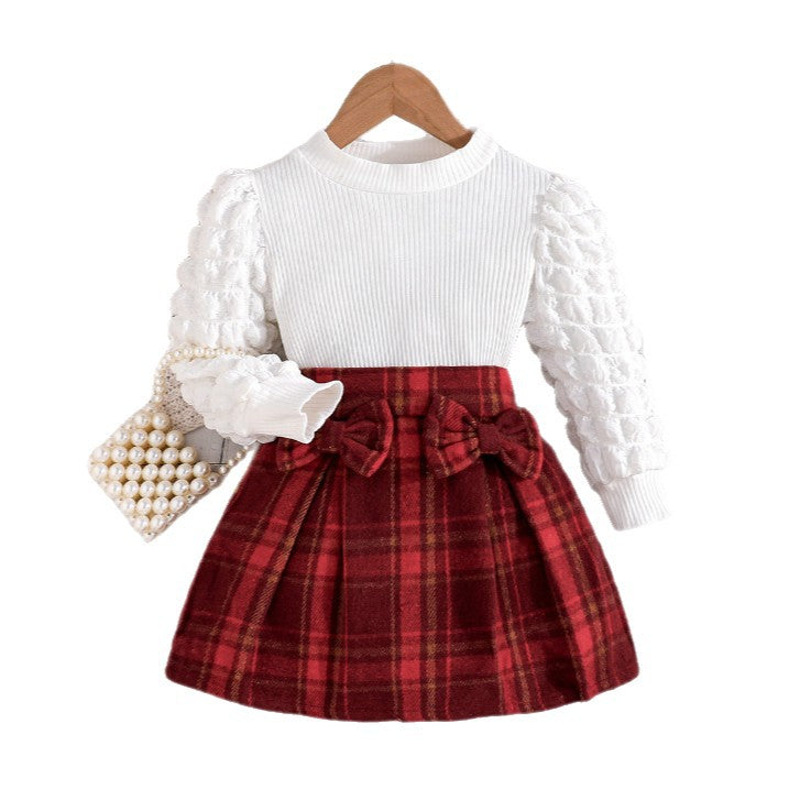 autumn new arrivals: puff sleeve top + plaid midi skirt - european & american style, direct from the manufacturer for cross-border e-commerce, girls' fashion wholesale