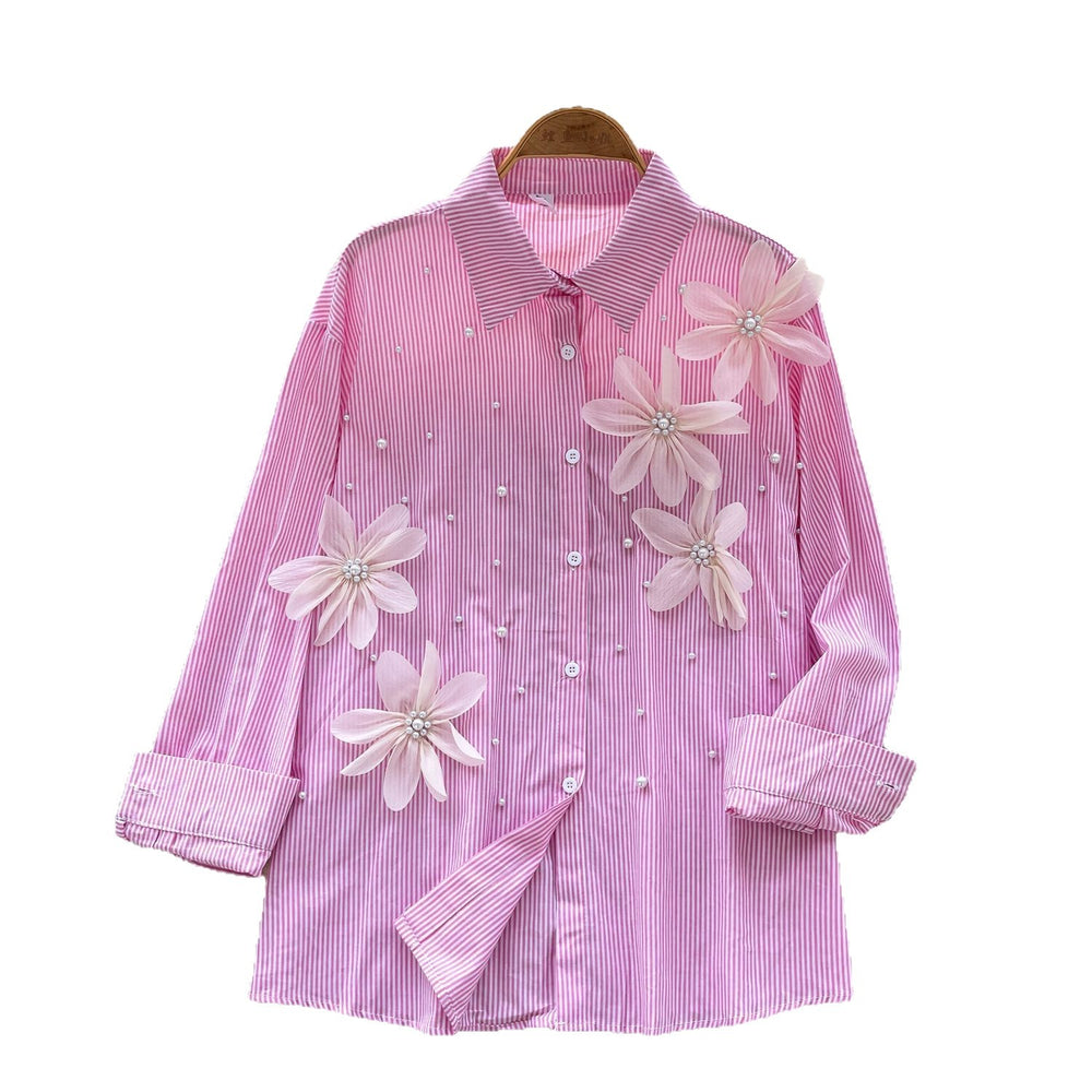 European and american style striped long-sleeve shirt for women - summer, 3d floral appliqué, diamond embellished, loose fit, mature & chic, boss lady top