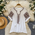 French ethnic style heavy industry embroider short-sleeved t-shirt women's korean style looseslimming look round neck tassel tops