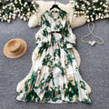 French-inspired, ombre print maxi dress - women's spring/autumn long sleeve v-neck, slim fit, elegant and chic