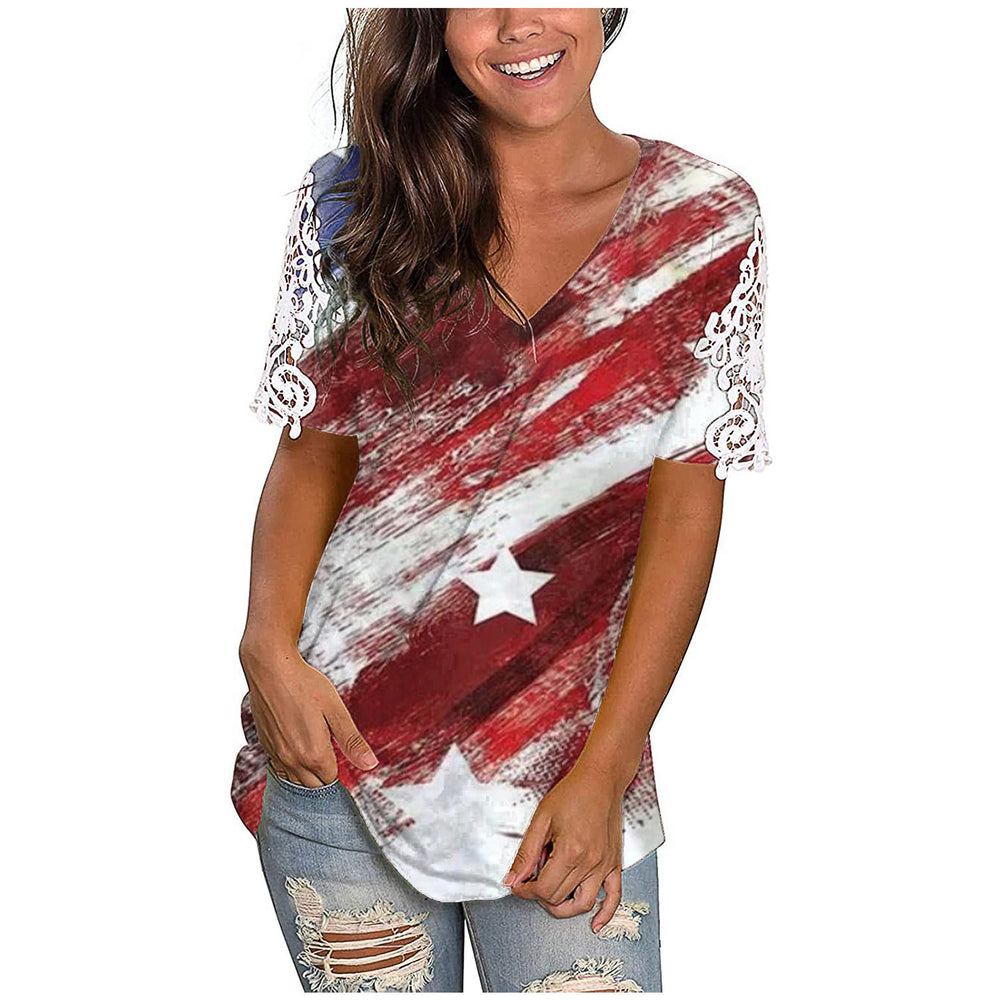 new women's lace short sleeve v-neck t-shirt - relaxed fit casual top with patchwork design