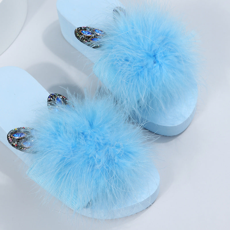2024 summer new korean style ostrich feather one-strap flat sandals slippers women's plus size