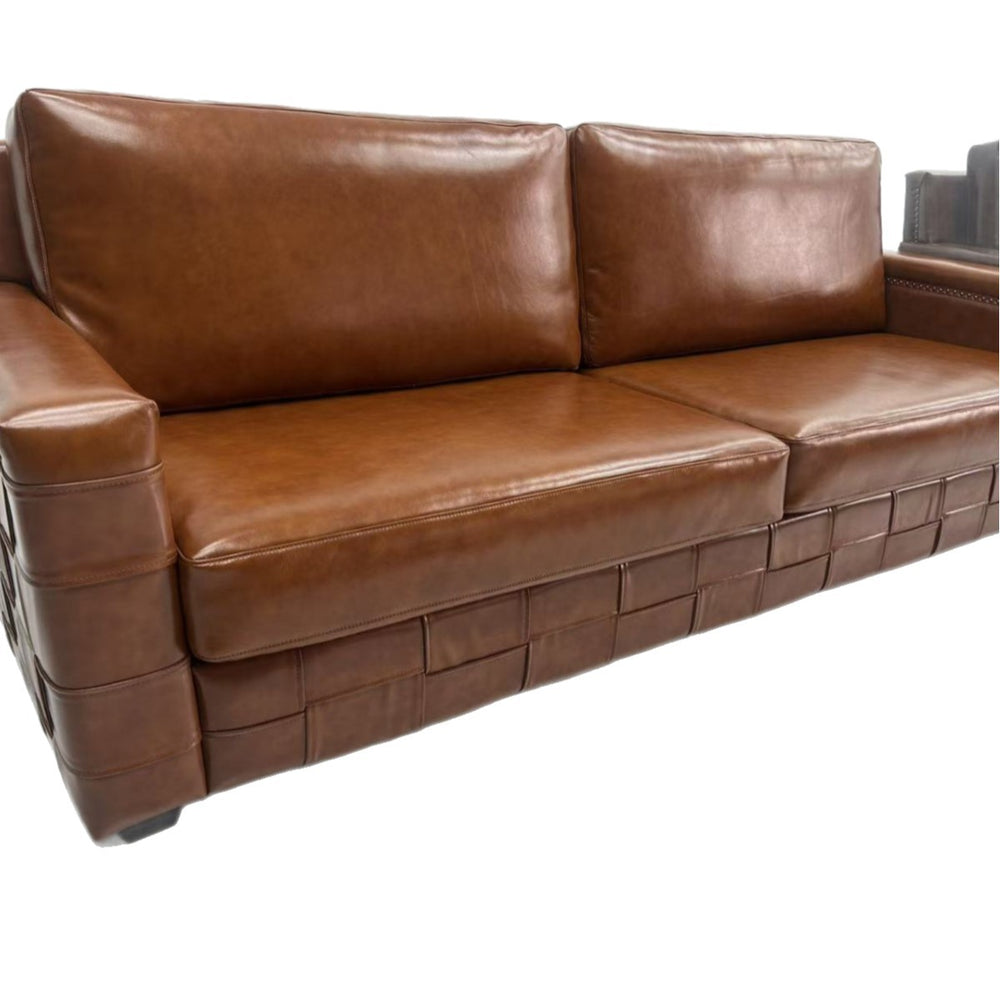 Vintage-style oiled leather checkered sofa, retro leather art sofa, designer living room straight three-seater sofa