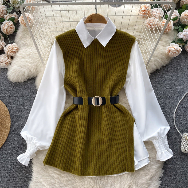 Luxury chic women's set: relaxed fit long sleeve white blouse top + slit knit vest two-piece fashion outfit