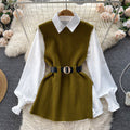 Luxury chic women's set: relaxed fit long sleeve white blouse top + slit knit vest two-piece fashion outfit