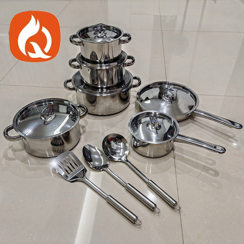 Wholesale cross-border stainless steel pot set thickened double bottom milk pot frying pan soup pot fifteen-piece set foreign trade gift