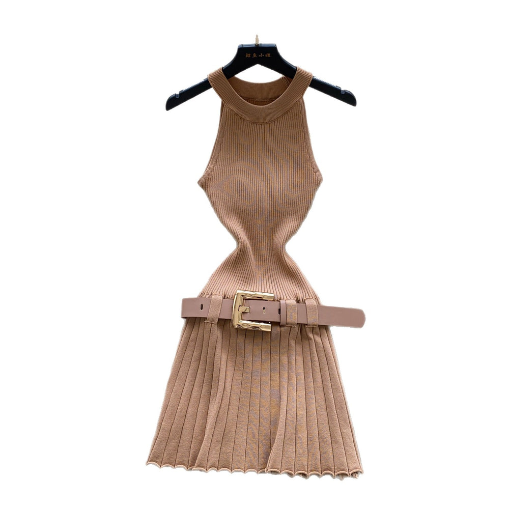 French chic sleeveless knit dress -  summer high-waisted a-line dress - office-ready, slim-fit mini dress
