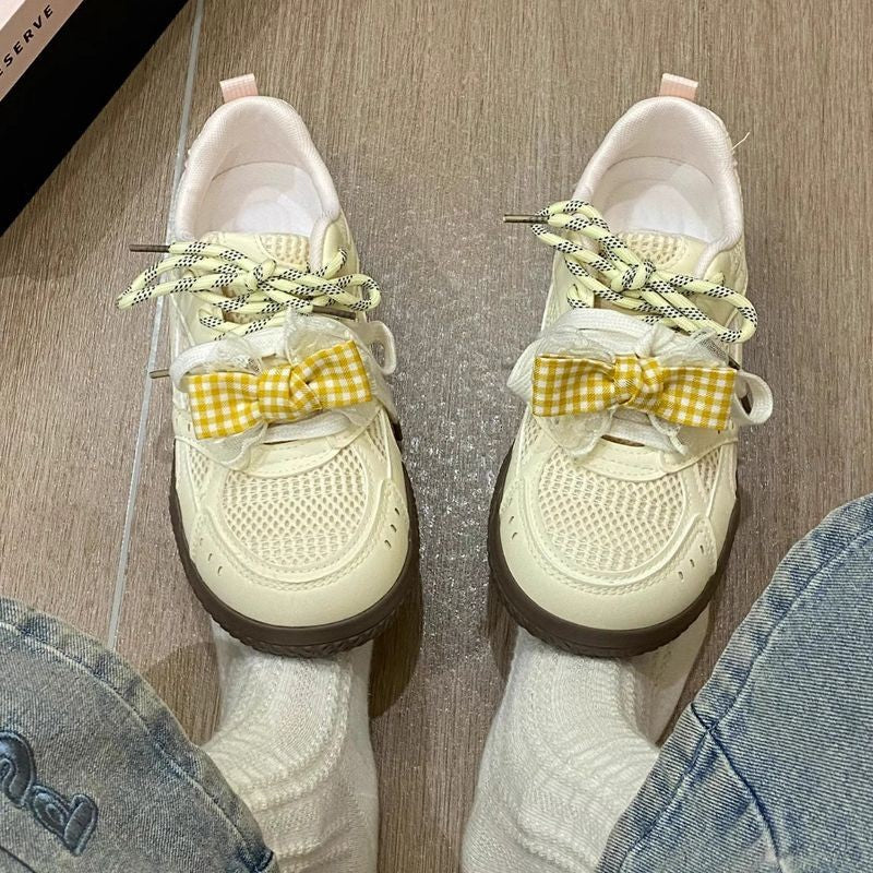 Summer mesh breathable casual shoes 2026 new versatile niche sports shoes chunky sole bowknot white sneakers for women