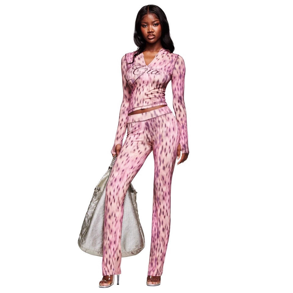 new arrival: ins-style fashion print trendy streetwear leopard print zip-up long sleeve jacket and pants set