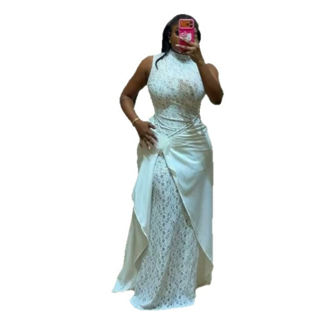 European and american cross-border women's fashion:  summer new arrivals - sexy and elegant semi-high neck lace patchwork 3d floral dress