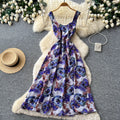 French riviera style red floral print sleeveless dress - women's summer korean high-waisted a-line slimming maxi dress