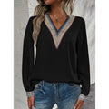 women's v-neck embroidered trim blouse - long sleeve bohemian lace detail casual top for everyday wear and vacation