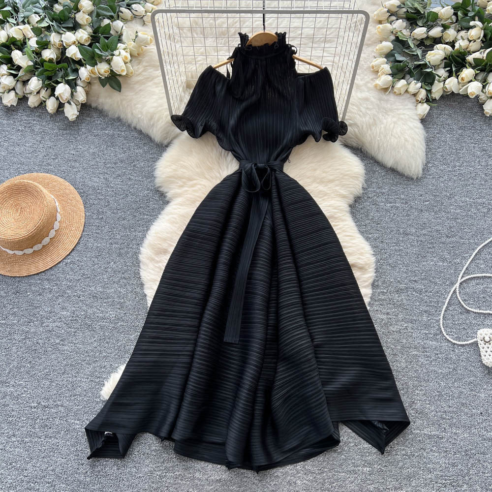 European and american style high-end short-sleeve dress for women - autumn off-the-shoulder ruffle stand collar tie-waist design - mature woman maxi dress