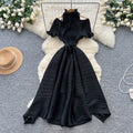 European and american style high-end short-sleeve dress for women - autumn off-the-shoulder ruffle stand collar tie-waist design - mature woman maxi dress