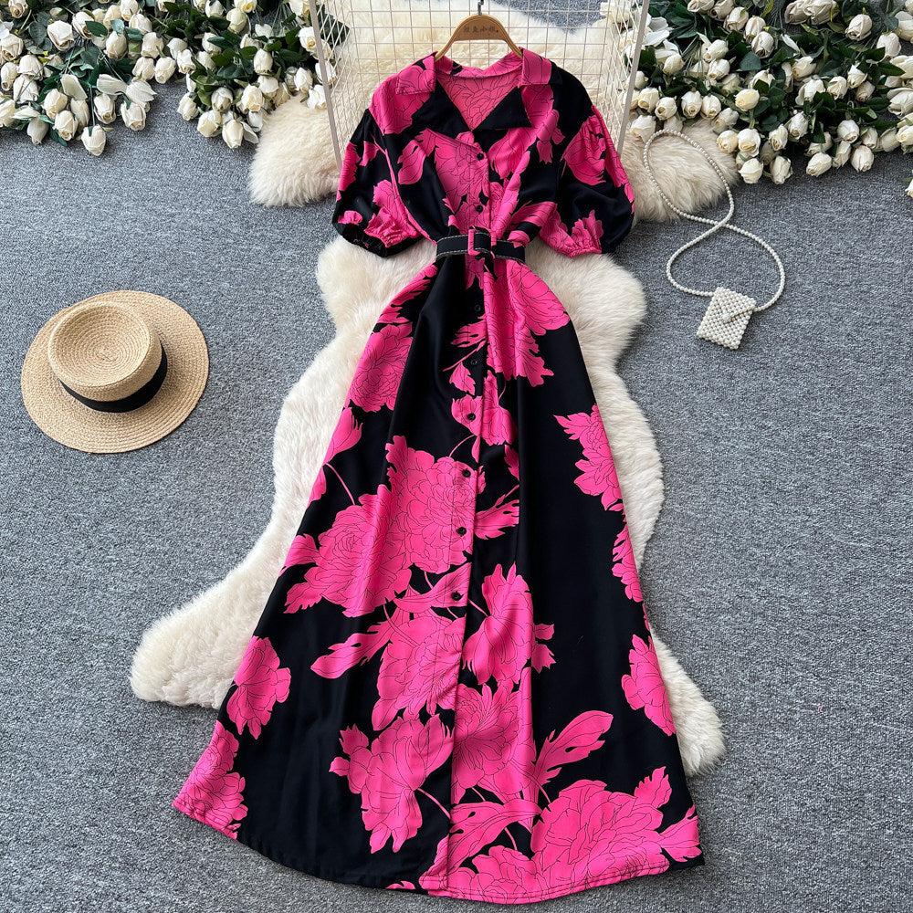 French retro floral print elegant dress - women's summer short sleeve v-neck slimming a-line maxi dress for work
