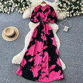 French retro floral print elegant dress - women's summer short sleeve v-neck slimming a-line maxi dress for work