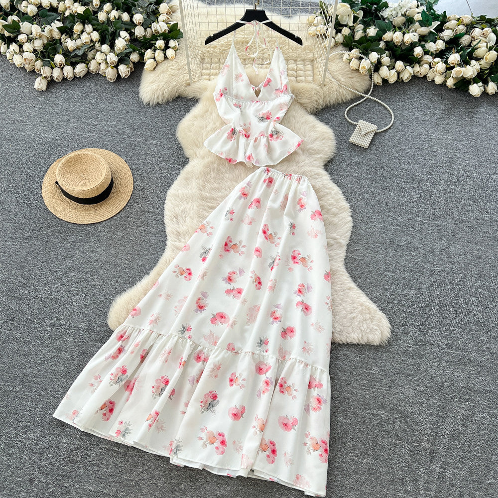French holiday style floral suspender two-piece set women's summer pure lust style ruffles waist slimming lookelegantsuit