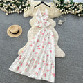 French holiday style floral suspender two-piece set women's summer pure lust style ruffles waist slimming lookelegantsuit