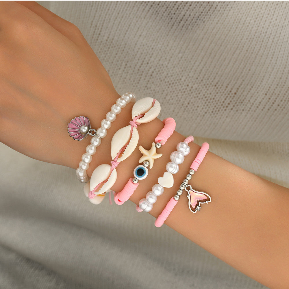 Wholesale colorful polymer clay bracelet set - european & american style, ocean-inspired seashell design, bohemian starfish & conch bracelets for women